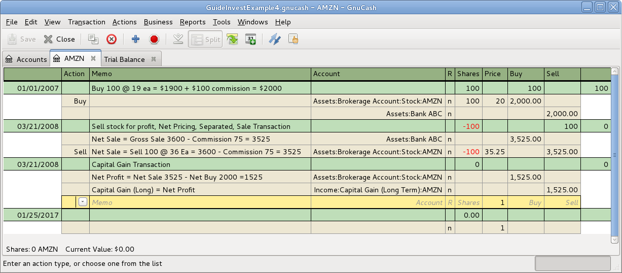 Selling Shares for Gain Where the Sale and Gain are Recorded in Separate Transactions, in Transaction Journal View