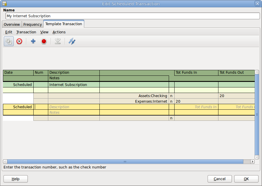 Template Tab Of The Edit Scheduled Transaction Window