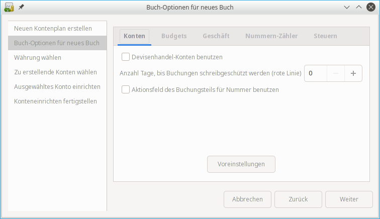Neuer Kontenplan: Buch-Optionen