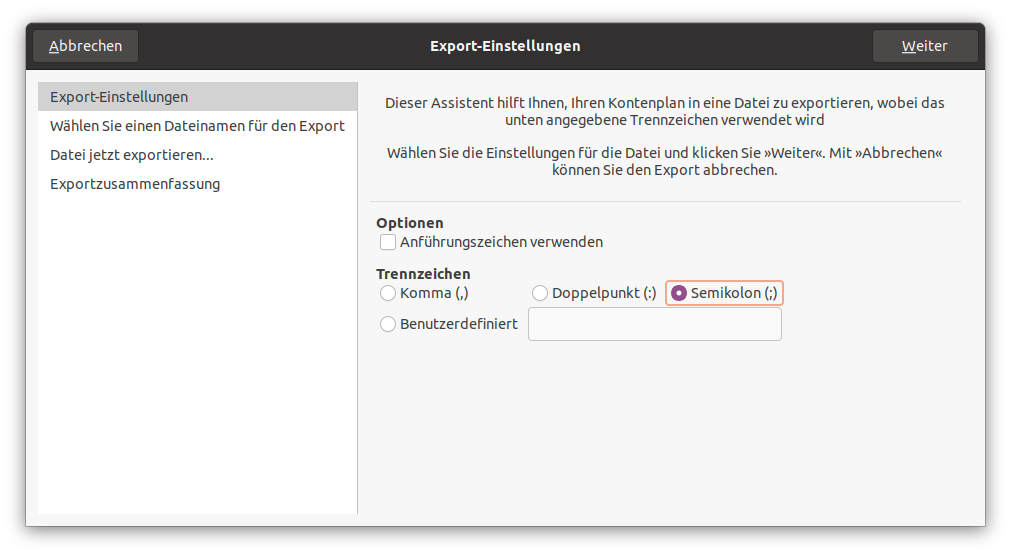 Assistent für den Export der Kontenhierarchie im CSV-Format