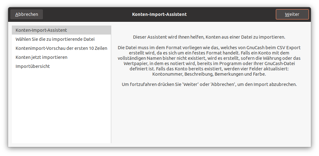 Assistent für den Import von Konten im CSV-Format