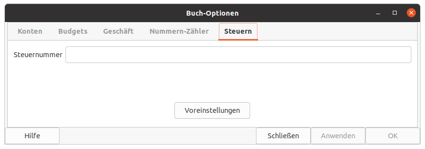 Der Reiter „Steuern“ im Fenster der Buch-Optionen