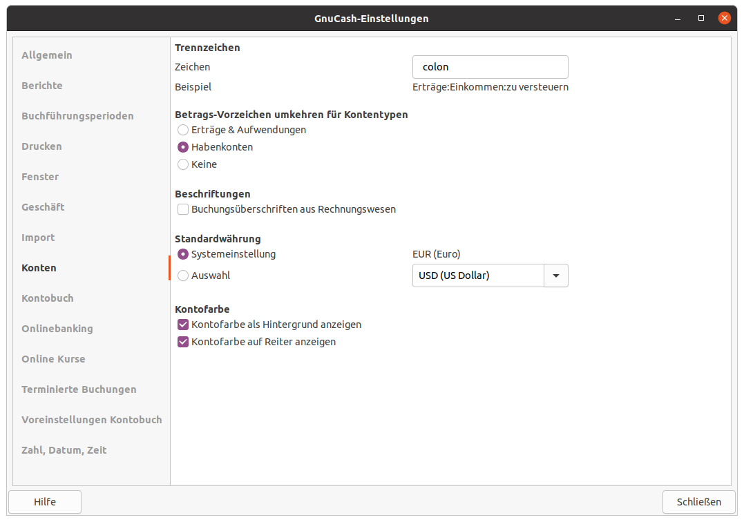 Die GnuCash-Einstellungen für die Konten