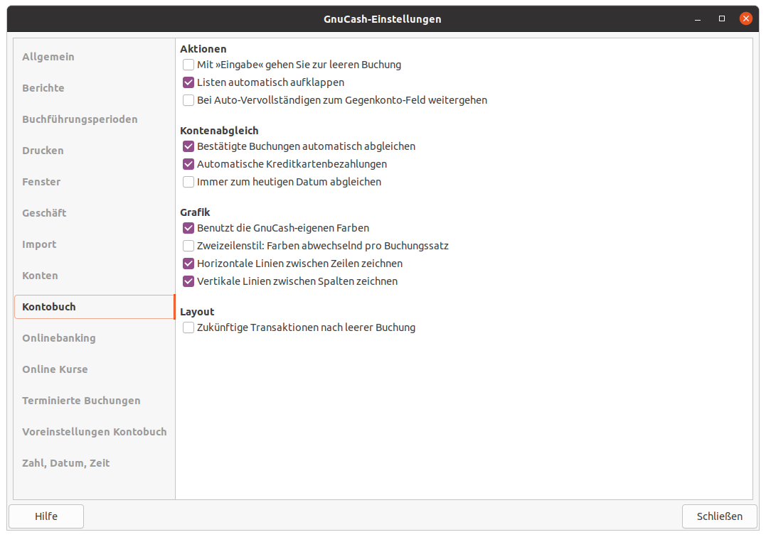 Die GnuCash-Einstellungen für das Kontobuch