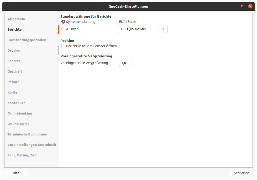Die GnuCash-Einstellungen für die Berichte