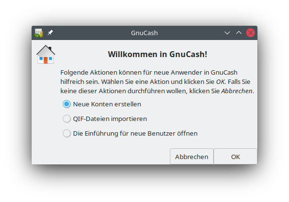 Der „Willkommen in GnuCash!“-Dialog