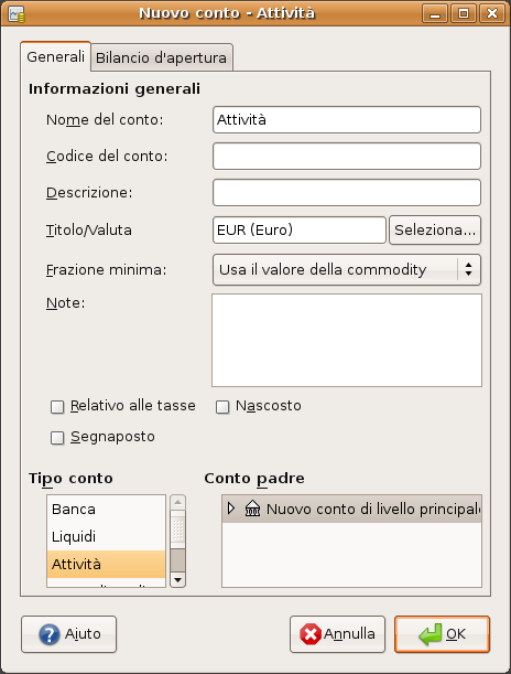 Creazione di un conto delle attività