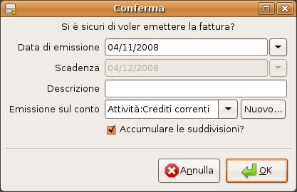 Finestra di emissione della fattura