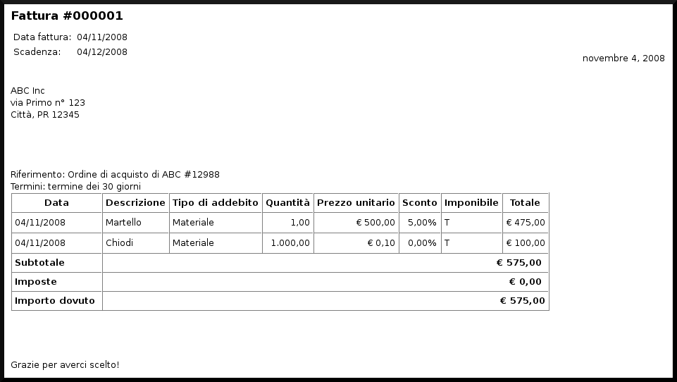 Risultato di stampa della fattura