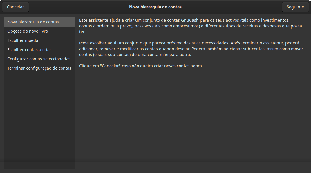 O assistente Nova hierarquia de contas