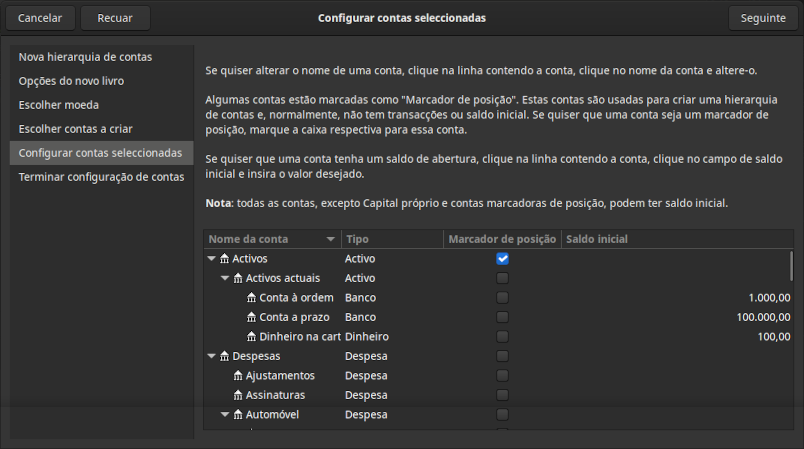 O assistente Nova hierarquia de contas - Configurar