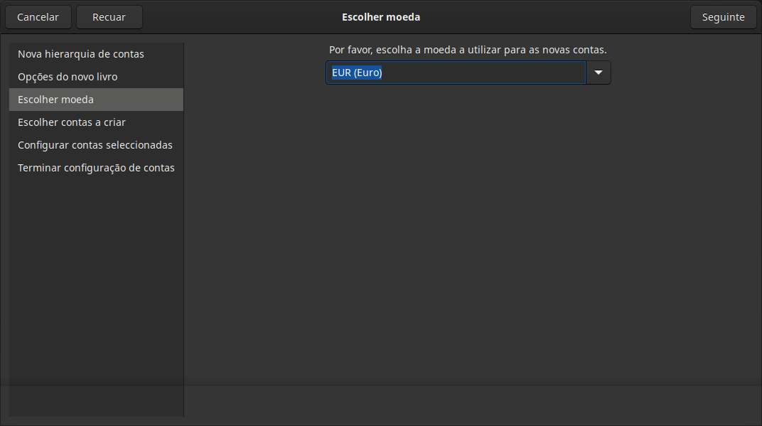 O assistente Nova hierarquia de contas - Moeda