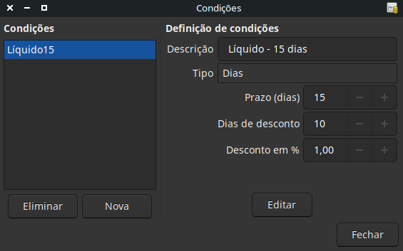 Editor de condições de pagamento