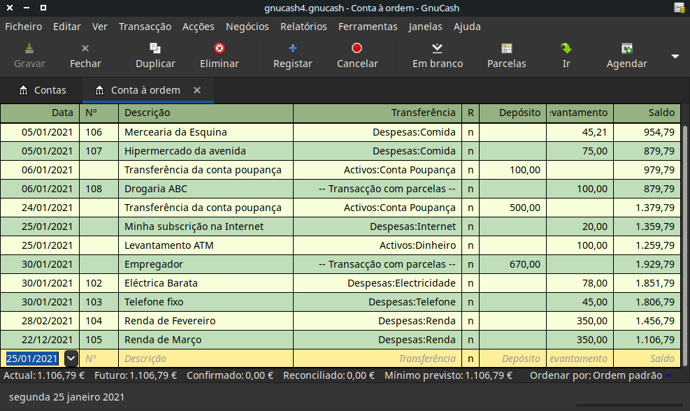 O diário da conta à ordem após registar um levantamento ATM