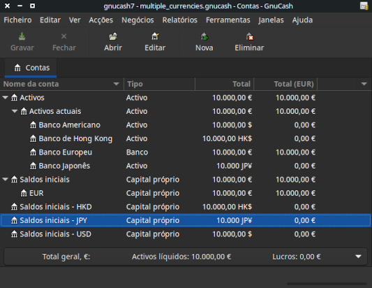 Configuração inicial de contas bancárias com múltiplas moedas