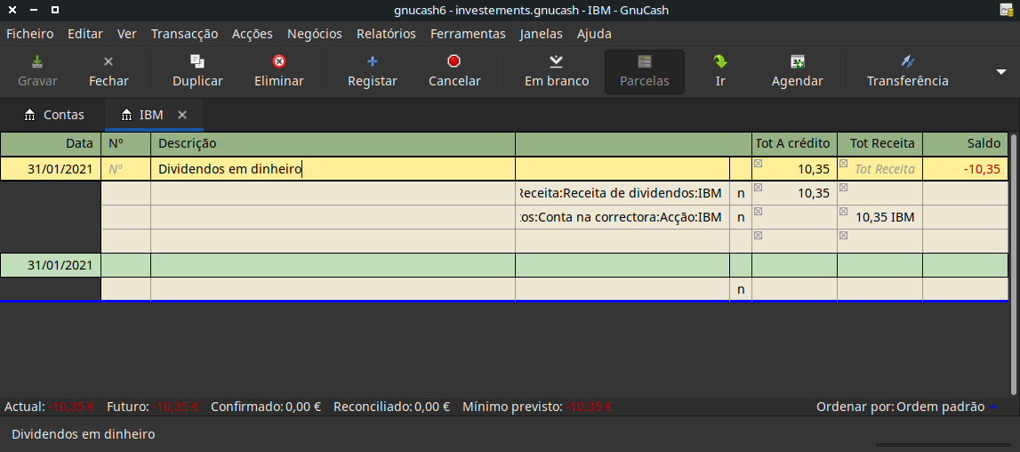 Exemplo de transacção com dividendos em dinheiro