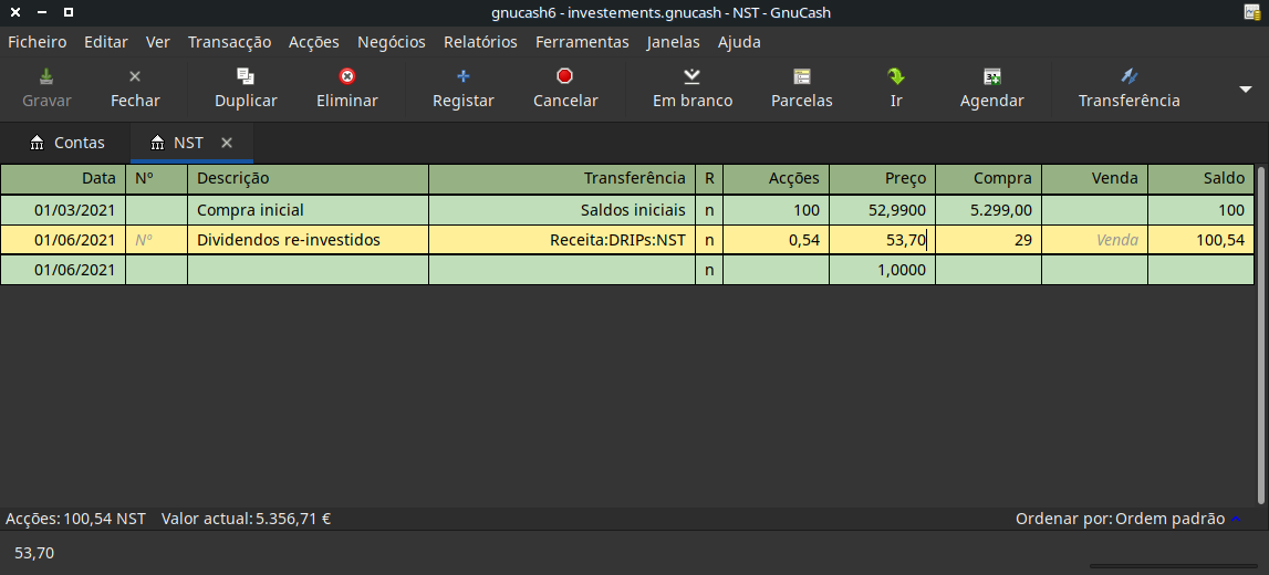 Exemplo de transacções de reinvestimento