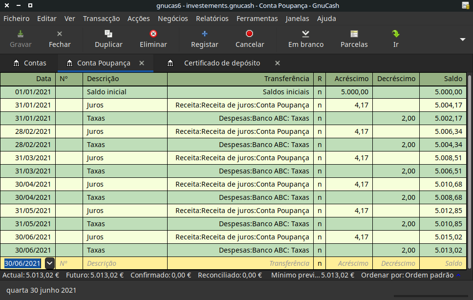 Configurar investimentos remunerados