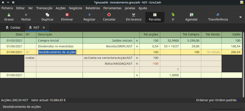 Exemplo de desdobramento simples de acções no diário de conta da acção