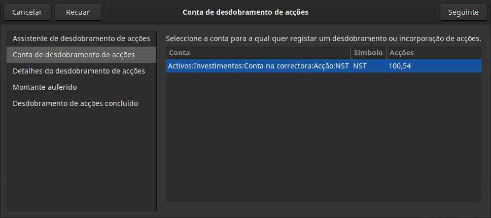 Passo 2 do assistente de desdobramento de acções - seleção de conta/acção