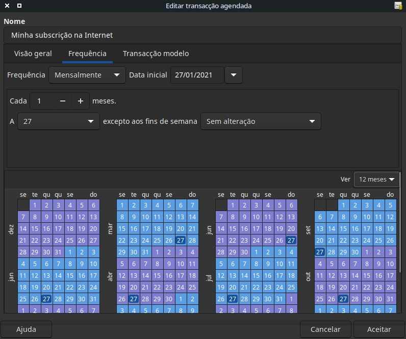 Separador Frequência da janela Editar transacção agendada