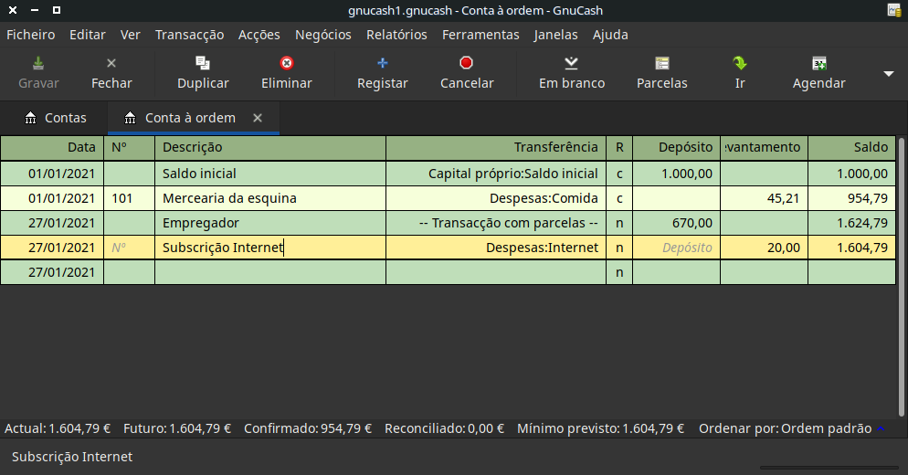 Primeiro passo para criar a transacção agendada a partir do diário