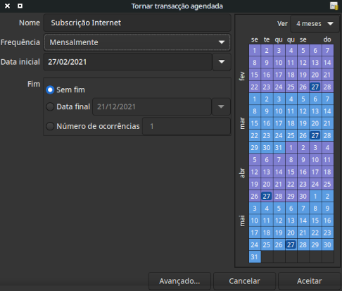 Dados preenchidos numa transacção agendada