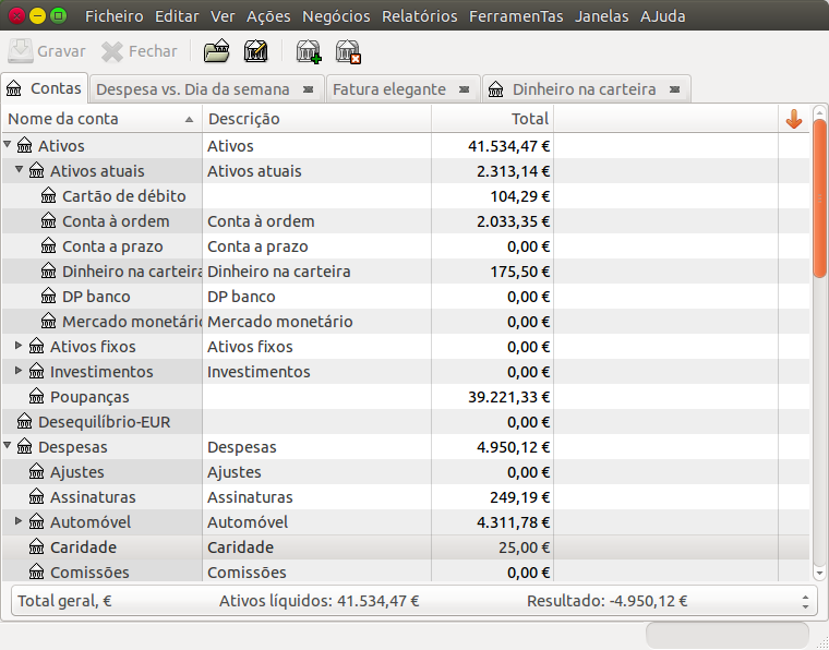 Secções principais da janela principal do GnuCash